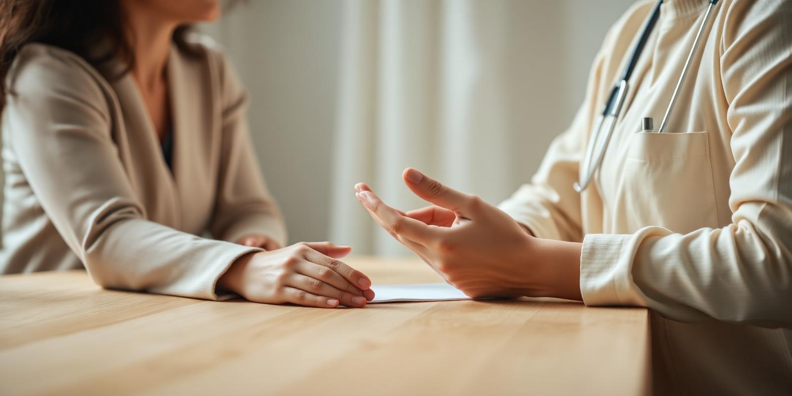 MYWLP practitioner in calm consultation with a patient across a light wooden table